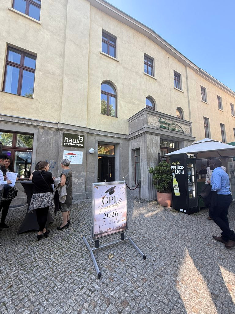 GPE Farewell Party 2026 event signage outside the Pfefferberg Haus 13 venue entrance in Berlin